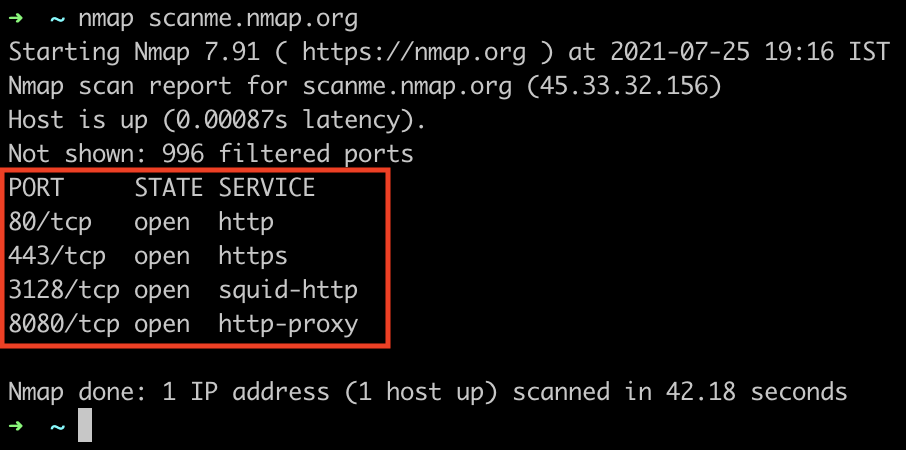 a screenshot showing the mac terminal output of the nmap command run against scanme.nmap.org with a red rectangle highlighting the section of results starting with the port, state and service